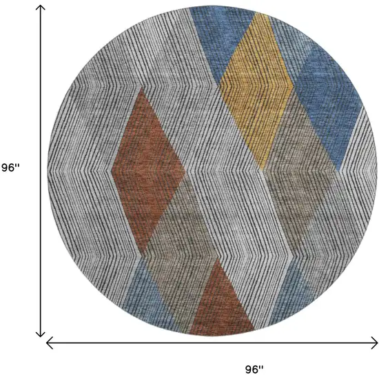 8' Gray Blue And Gold Geometric Washable Round Rug With UV Protection Photo 9