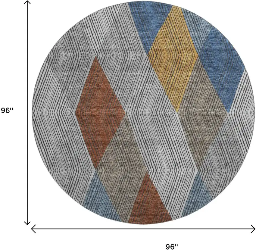 8' Gray Blue And Gold Geometric Washable Round Rug With UV Protection Photo 9
