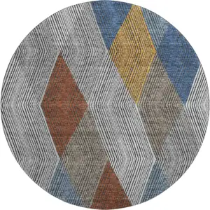 Photo of 8' Gray Blue And Gold Geometric Washable Round Rug With UV Protection