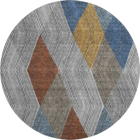 8' Gray Blue And Gold Geometric Washable Round Rug With UV Protection Photo 1