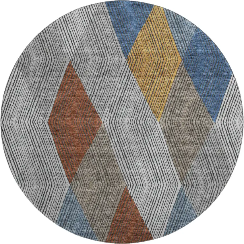 8' Gray Blue And Gold Geometric Washable Round Rug With UV Protection Photo 1