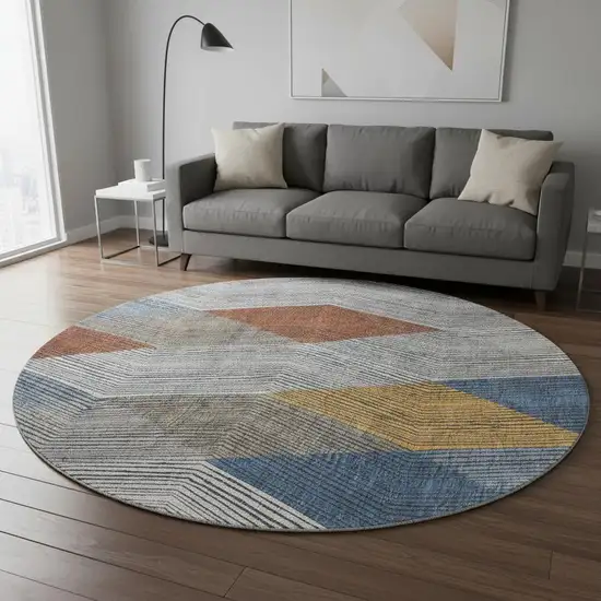 8' Gray Blue And Gold Geometric Washable Round Rug With UV Protection Photo 2