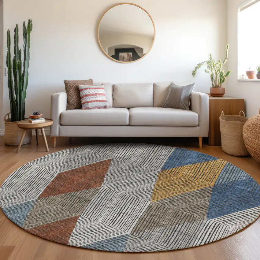 8' Gray Blue And Gold Geometric Washable Round Rug With UV Protection Photo 4