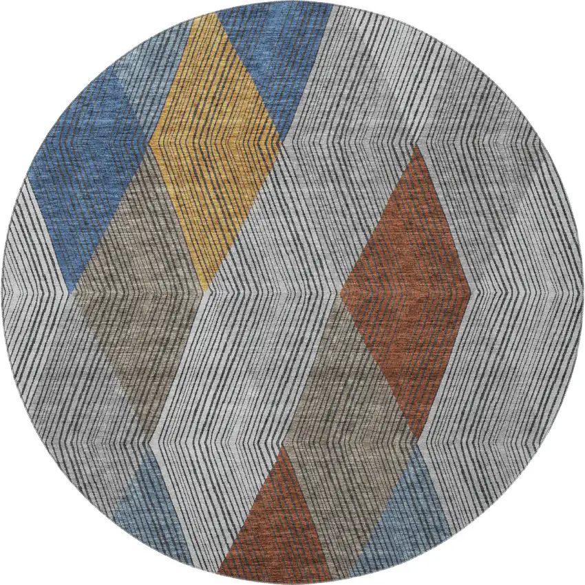 8' Gray Blue And Gold Geometric Washable Round Rug With UV Protection Photo 3