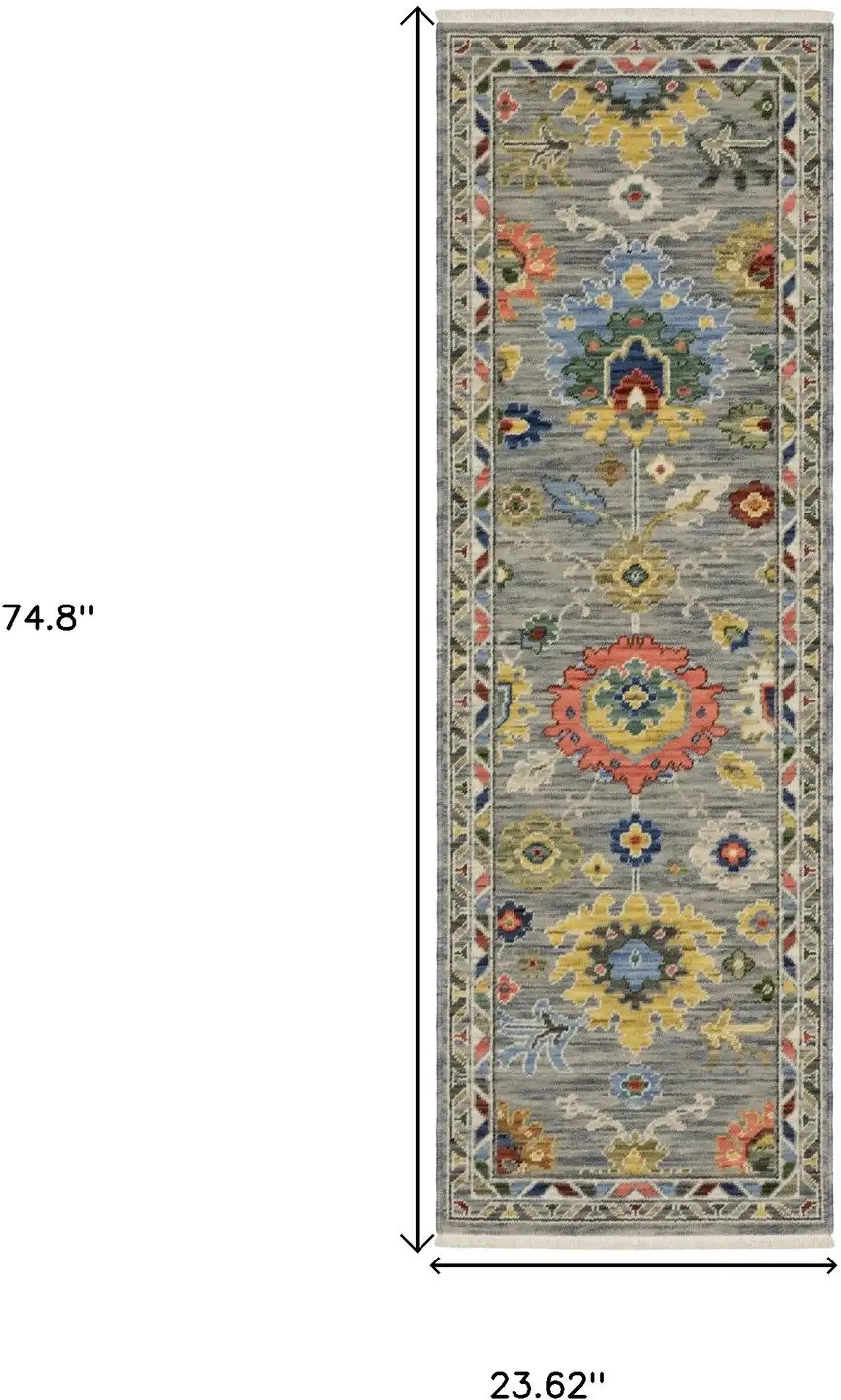 6' Gray Blue And Green Oriental Runner Rug With Fringe Photo 3