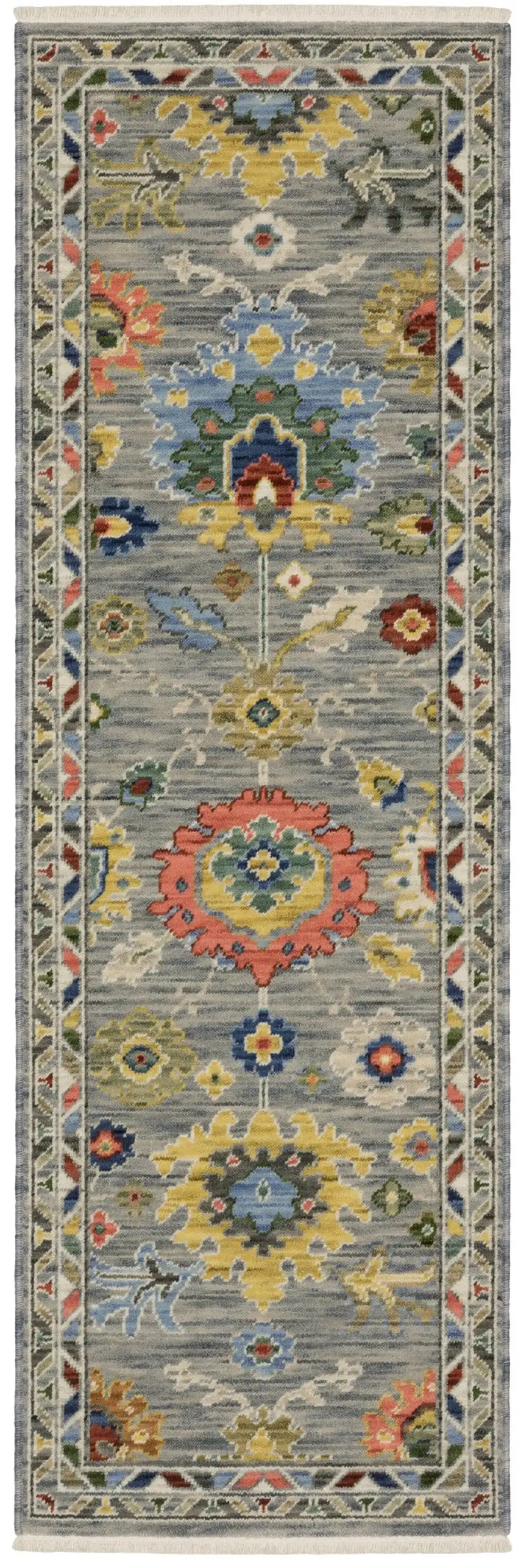 6' Gray Blue And Green Oriental Runner Rug With Fringe Photo 2