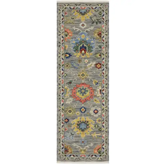 6' Gray Blue And Green Oriental Runner Rug With Fringe Photo 2