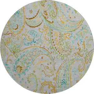 Photo of 8' Gray Blue And Green Paisley Washable Round Rug With UV Protection