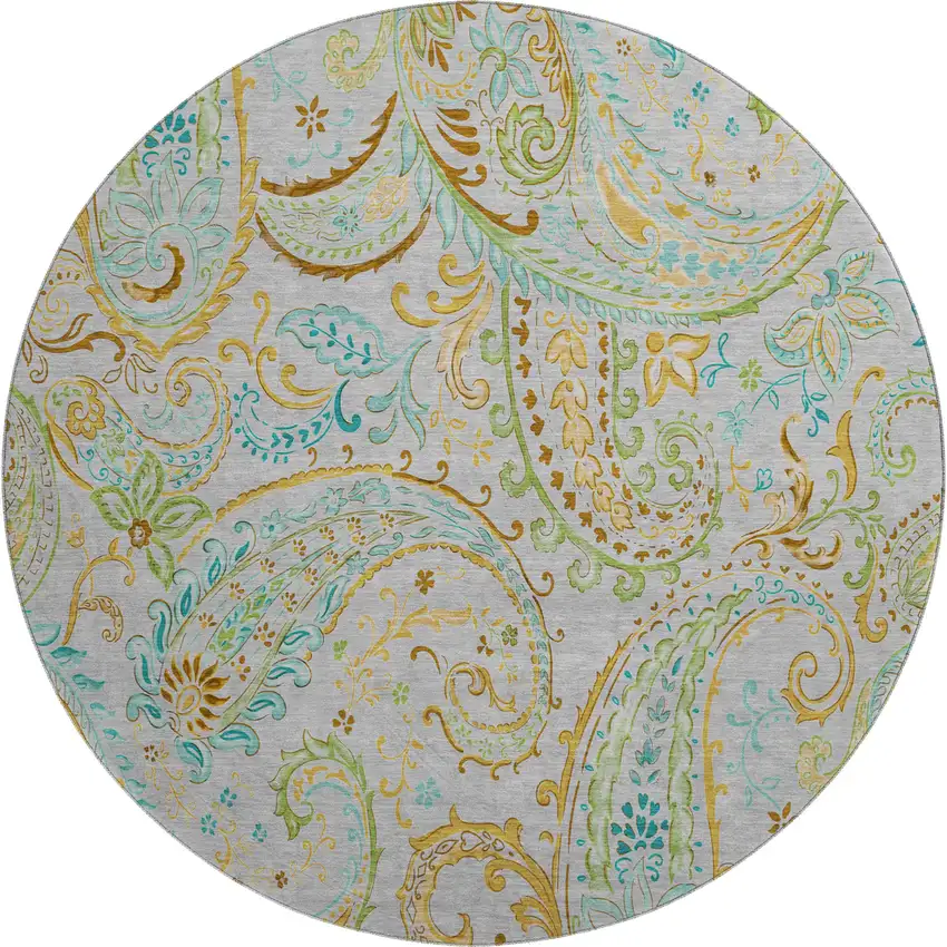 8' Gray Blue And Green Paisley Washable Round Rug With UV Protection Photo 1