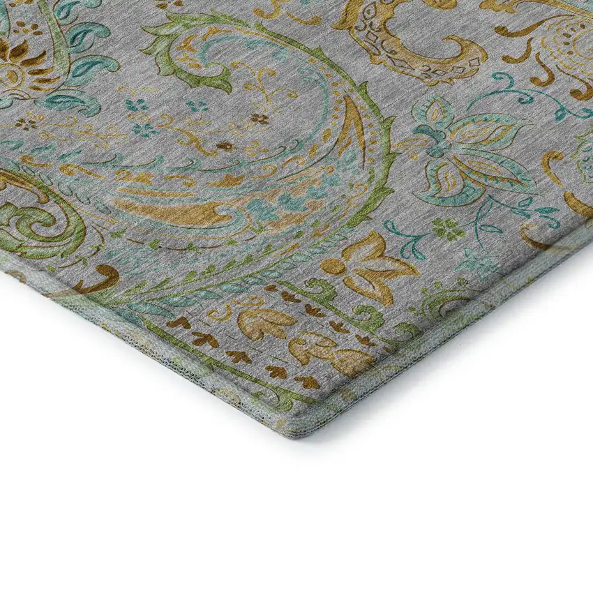 8' Gray Blue And Green Paisley Washable Round Rug With UV Protection Photo 7