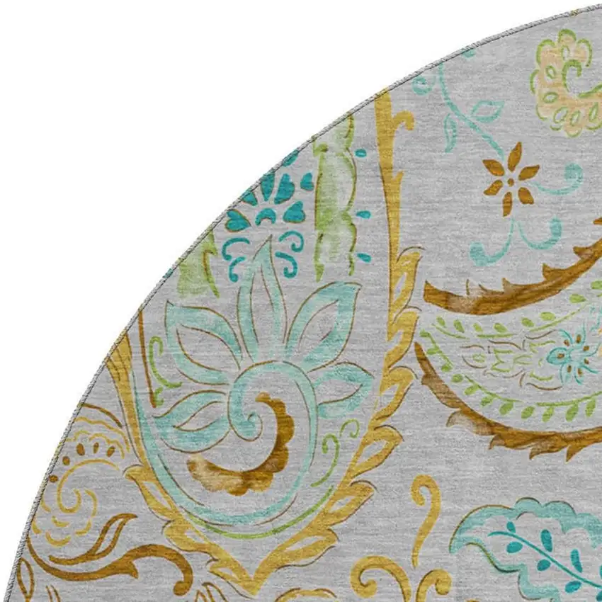 8' Gray Blue And Green Paisley Washable Round Rug With UV Protection Photo 3