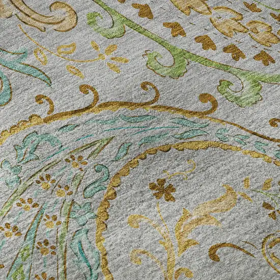 8' Gray Blue And Green Paisley Washable Round Rug With UV Protection Photo 9