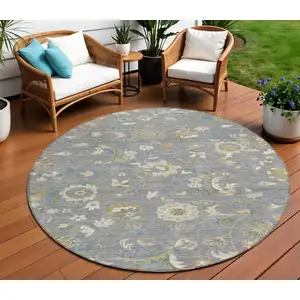 Photo of 8' Gray Blue And Green Round Floral Washable Indoor Outdoor Area Rug