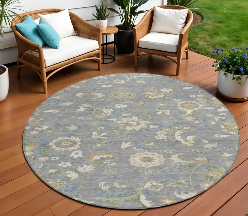 8' Gray Blue And Green Round Floral Washable Indoor Outdoor Area Rug Photo 1