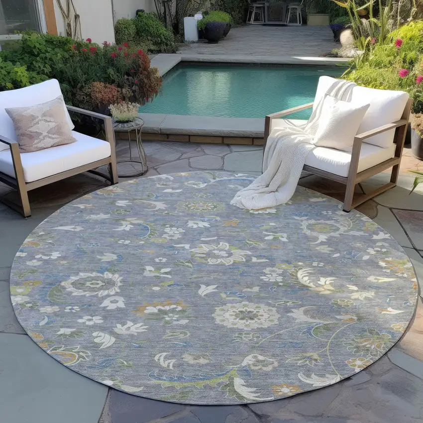 8' Gray Blue And Green Round Floral Washable Indoor Outdoor Area Rug Photo 7