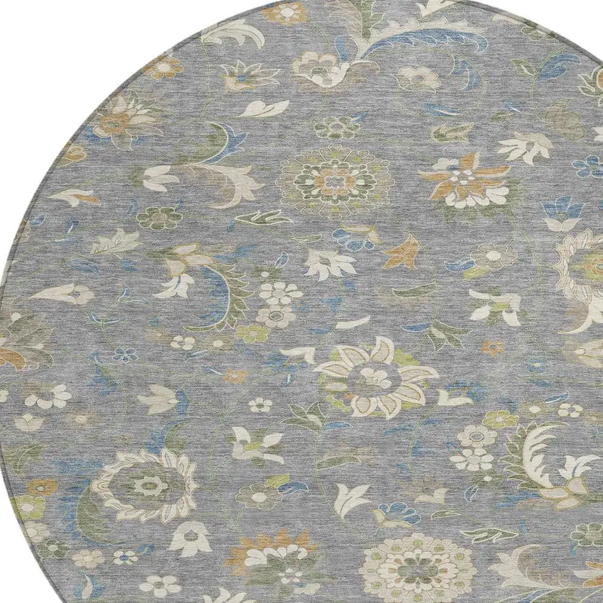 8' Gray Blue And Green Round Floral Washable Indoor Outdoor Area Rug Photo 5