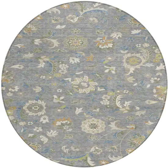 8' Gray Blue And Green Round Floral Washable Indoor Outdoor Area Rug Photo 2
