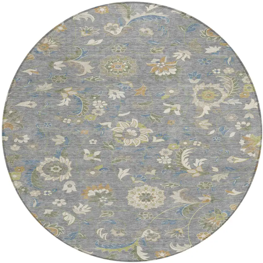 8' Gray Blue And Green Round Floral Washable Indoor Outdoor Area Rug Photo 2