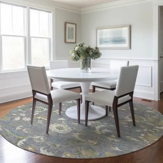 8' Gray Blue And Green Round Floral Washable Indoor Outdoor Area Rug Photo 8