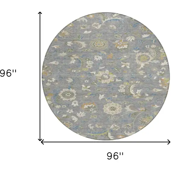 8' Gray Blue And Green Round Floral Washable Indoor Outdoor Area Rug Photo 3