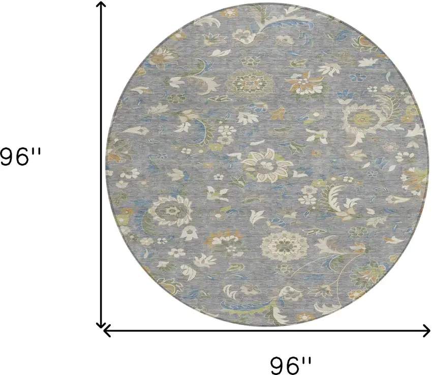 8' Gray Blue And Green Round Floral Washable Indoor Outdoor Area Rug Photo 3