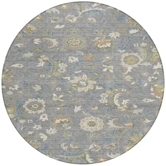 8' Gray Blue And Green Round Floral Washable Indoor Outdoor Area Rug Photo 6