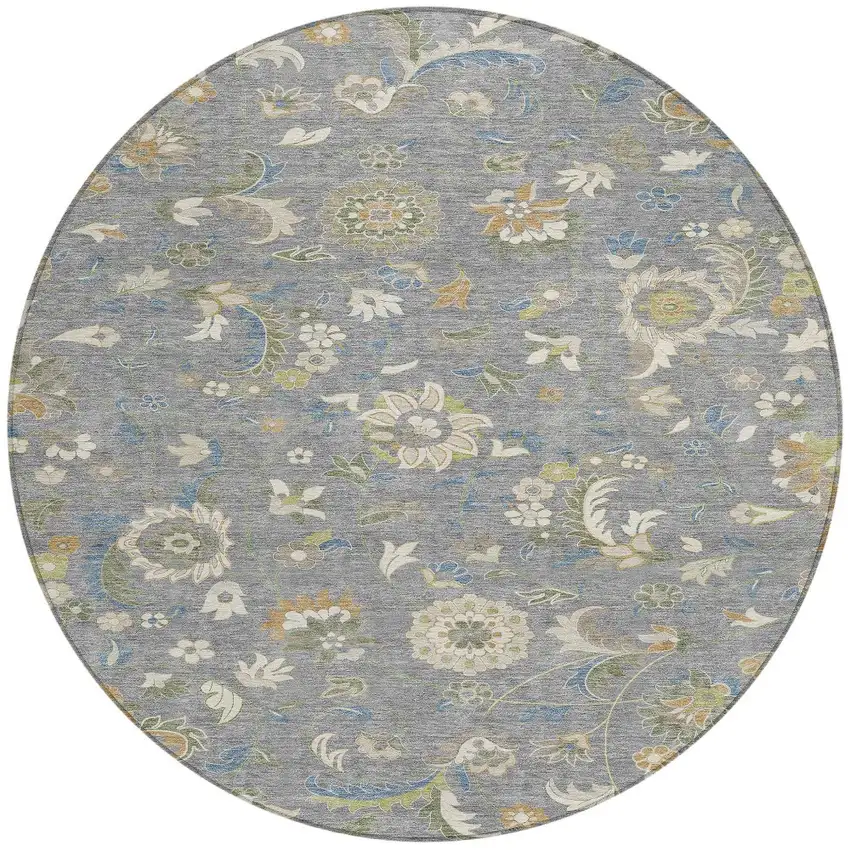 8' Gray Blue And Green Round Floral Washable Indoor Outdoor Area Rug Photo 6