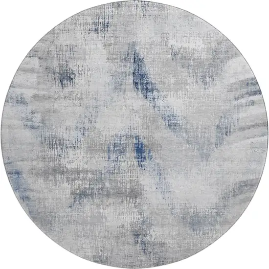 8' Gray Blue And Ivory Abstract Washable Round Rug With UV Protection Photo 1
