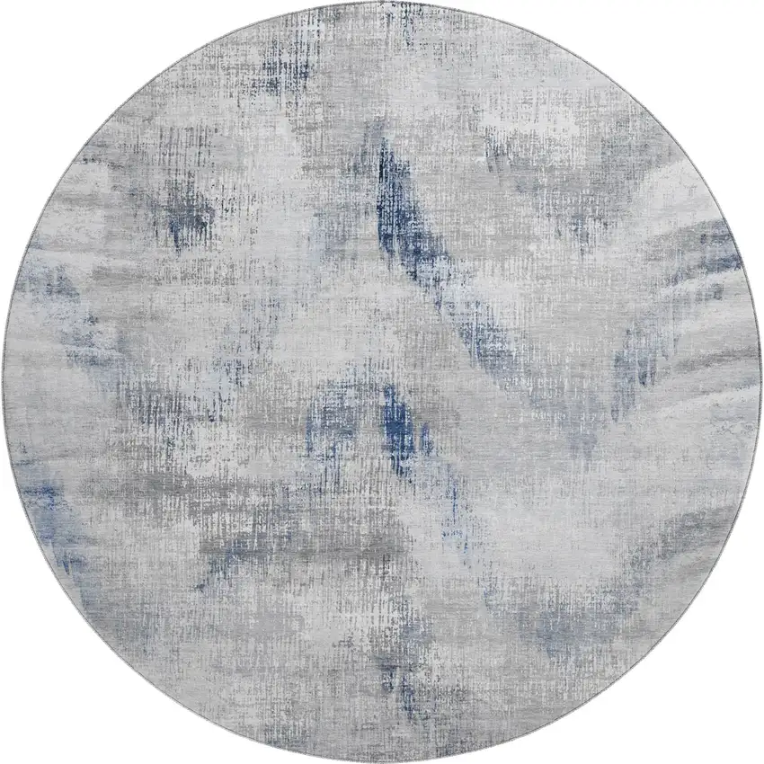 8' Gray Blue And Ivory Abstract Washable Round Rug With UV Protection Photo 1