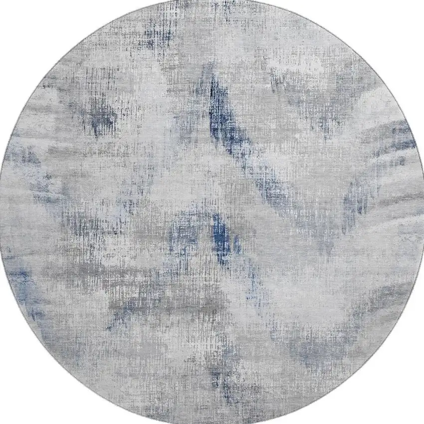8' Gray Blue And Ivory Abstract Washable Round Rug With UV Protection Photo 3