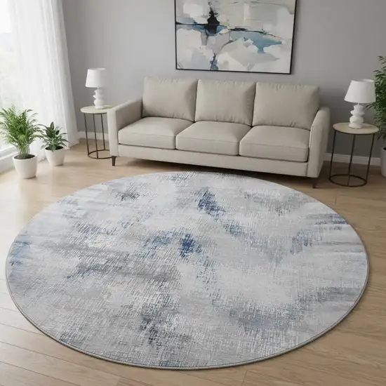 8' Gray Blue And Ivory Abstract Washable Round Rug With UV Protection Photo 2