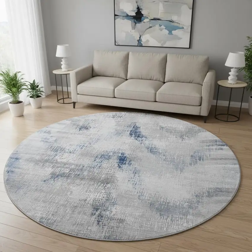 8' Gray Blue And Ivory Abstract Washable Round Rug With UV Protection Photo 2