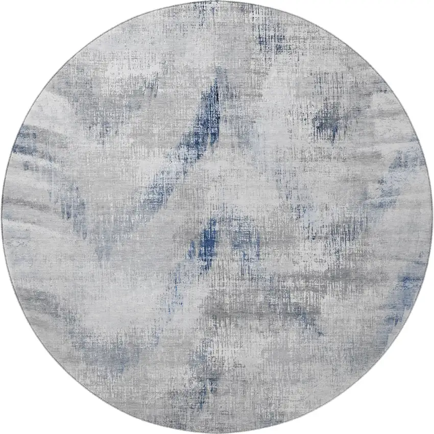 8' Gray Blue And Ivory Abstract Washable Round Rug With UV Protection Photo 4