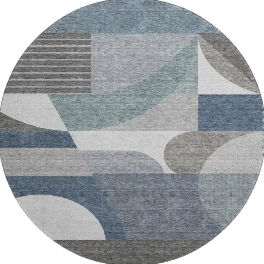 8' Gray Blue And Ivory Geometric Washable Round Rug With UV Protection Photo 2
