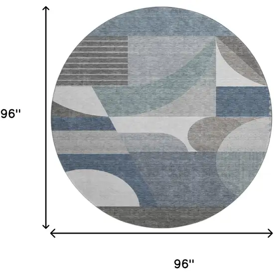 8' Gray Blue And Ivory Geometric Washable Round Rug With UV Protection Photo 9