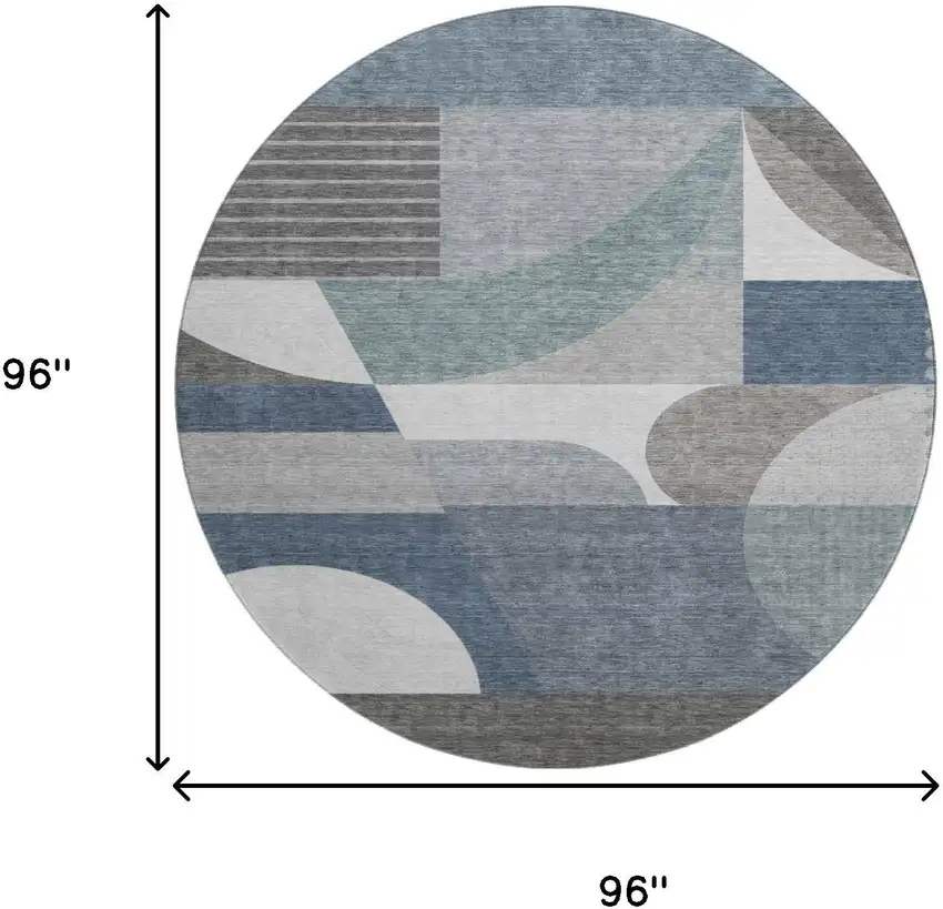 8' Gray Blue And Ivory Geometric Washable Round Rug With UV Protection Photo 9