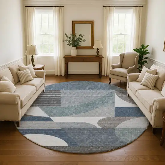 8' Gray Blue And Ivory Geometric Washable Round Rug With UV Protection Photo 4