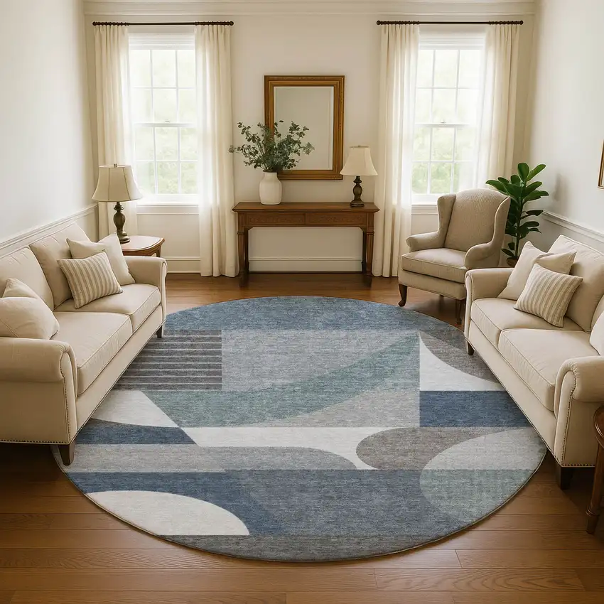 8' Gray Blue And Ivory Geometric Washable Round Rug With UV Protection Photo 4