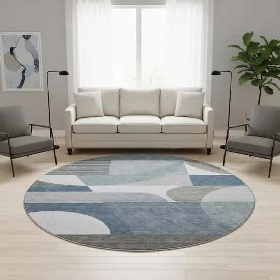 8' Gray Blue And Ivory Geometric Washable Round Rug With UV Protection Photo 2