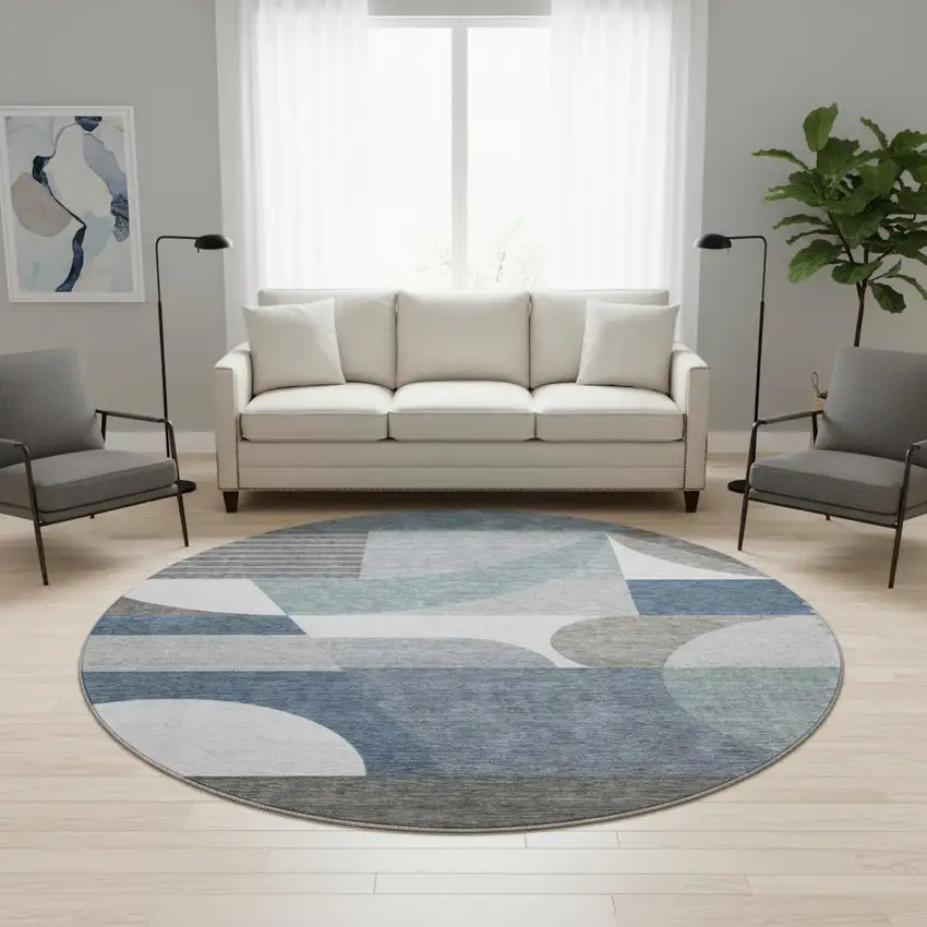 8' Gray Blue And Ivory Geometric Washable Round Rug With UV Protection Photo 2