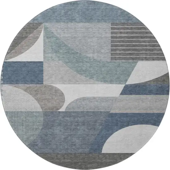 8' Gray Blue And Ivory Geometric Washable Round Rug With UV Protection Photo 3
