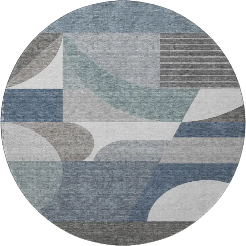 8' Gray Blue And Ivory Geometric Washable Round Rug With UV Protection Photo 3