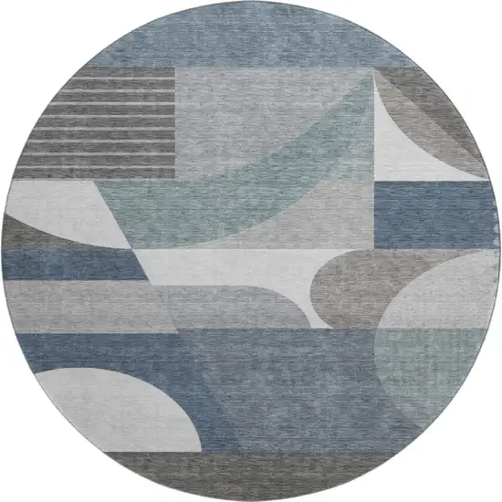 8' Gray Blue And Ivory Geometric Washable Round Rug With UV Protection Photo 1