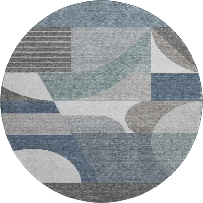 8' Gray Blue And Ivory Geometric Washable Round Rug With UV Protection Photo 1