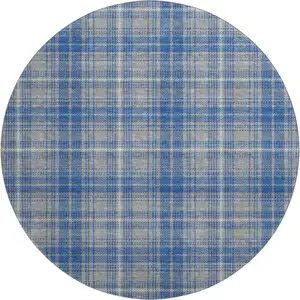 Photo of 8' Gray Blue And Ivory Plaid Washable Round Rug With UV Protection