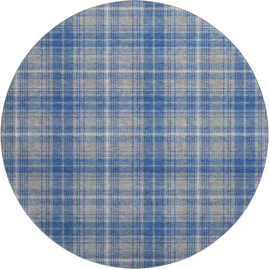 8' Gray Blue And Ivory Plaid Washable Round Rug With UV Protection Photo 1