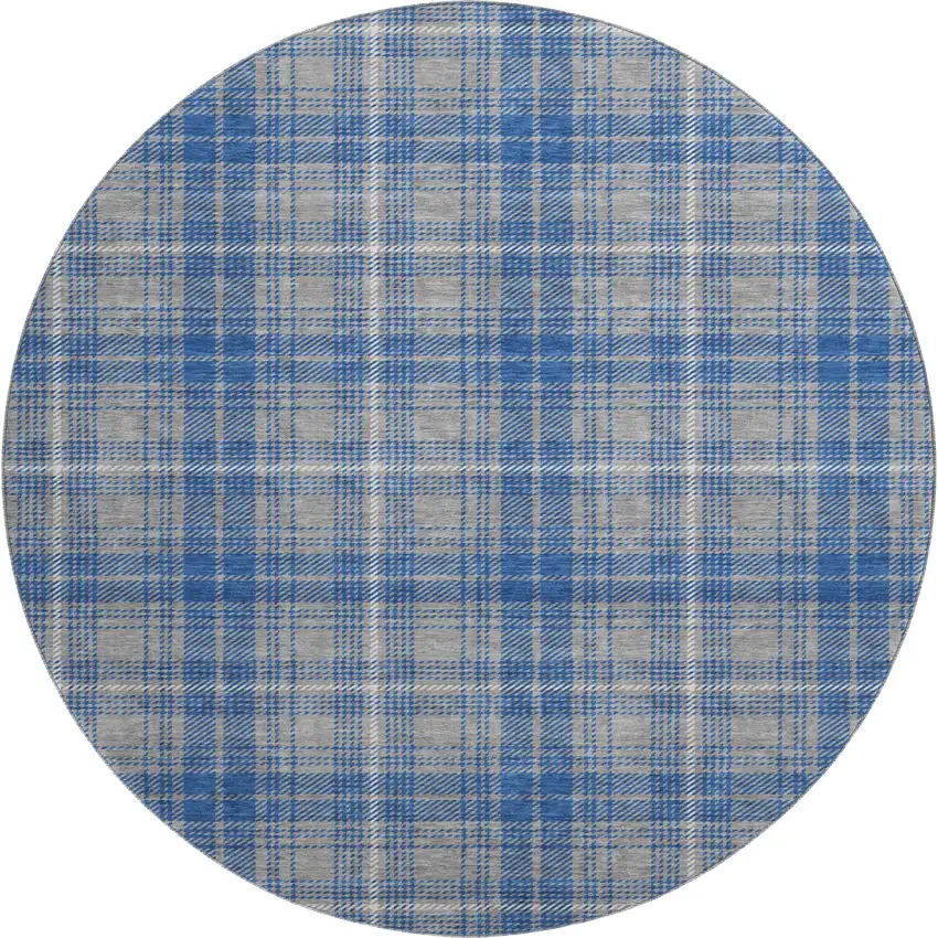 8' Gray Blue And Ivory Plaid Washable Round Rug With UV Protection Photo 1