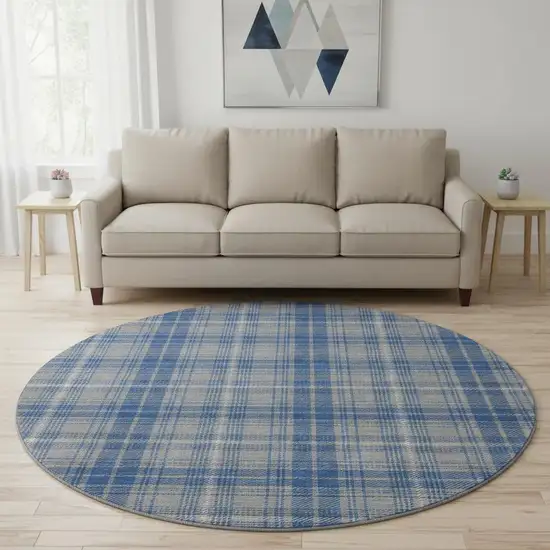 8' Gray Blue And Ivory Plaid Washable Round Rug With UV Protection Photo 2