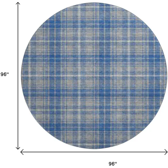 8' Gray Blue And Ivory Plaid Washable Round Rug With UV Protection Photo 9