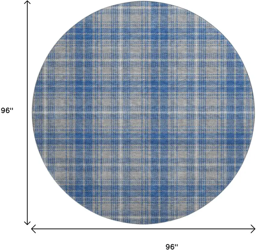 8' Gray Blue And Ivory Plaid Washable Round Rug With UV Protection Photo 9